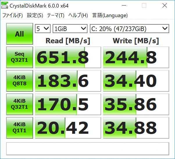 CrystalDiskMarkの結果（Surface Laptop Core i5モデル）