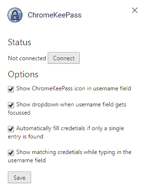ChromeKeePass オプション画面（未接続状態）